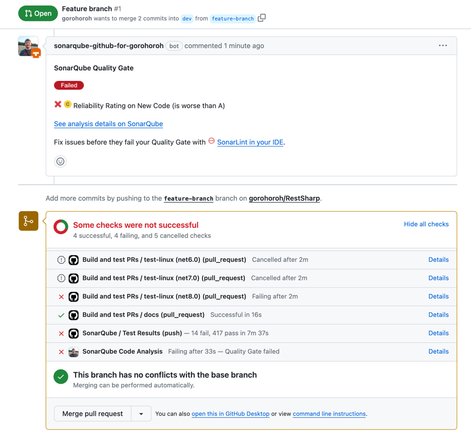 SonarQube adds branch and pull request analysis results in the comments of the branch and pull request in GitHub.