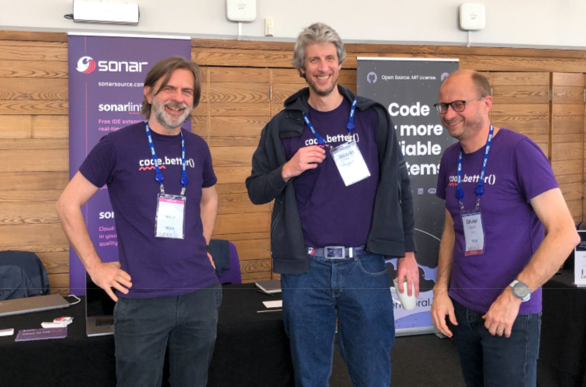 Pictured left to right: Tom Howlett, Head of Product Management; Nicolas Peru, Head of Product Delivery; and Olivier Gaudin, Sonar founder and Chairman, at QCon London 2024
