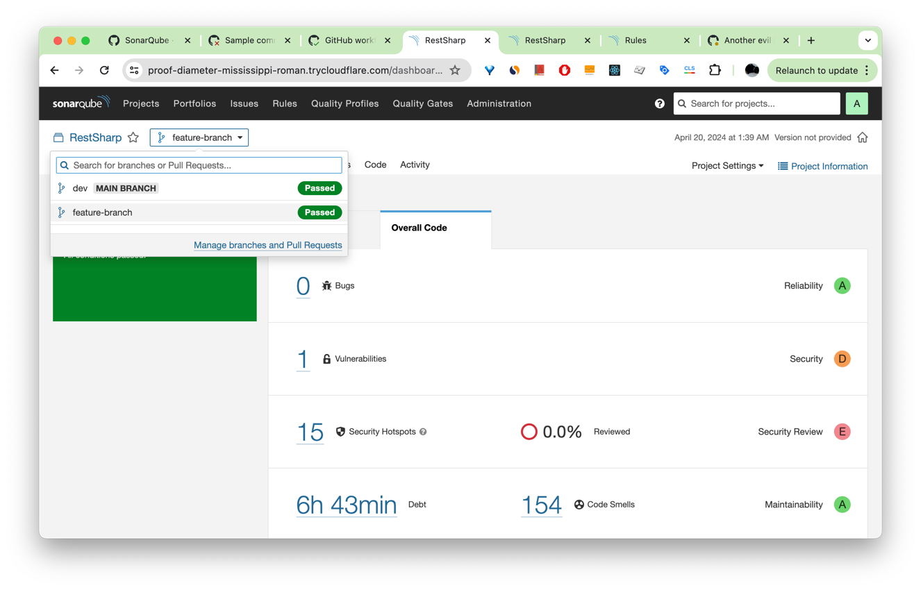 Switch to the results of the branch or pull request analysis in SonarQube.