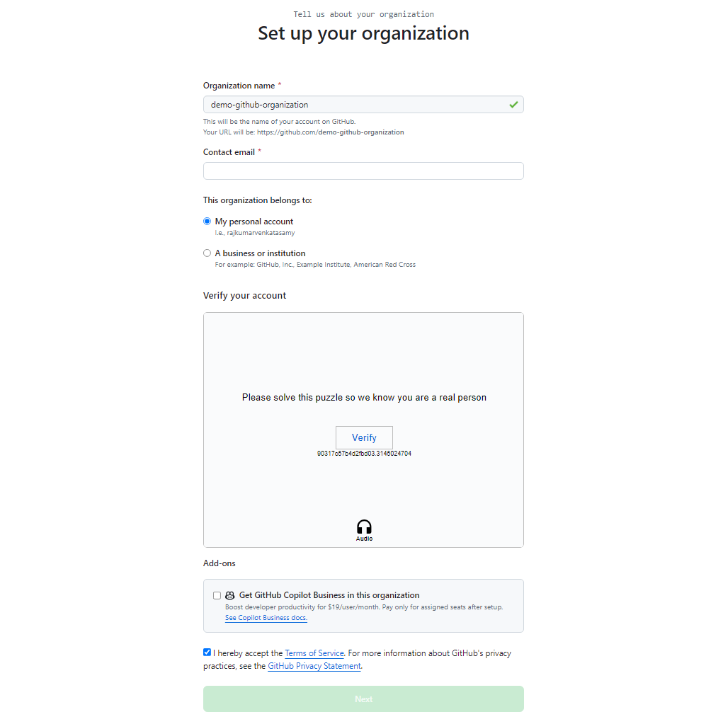 GitHub organization creation form