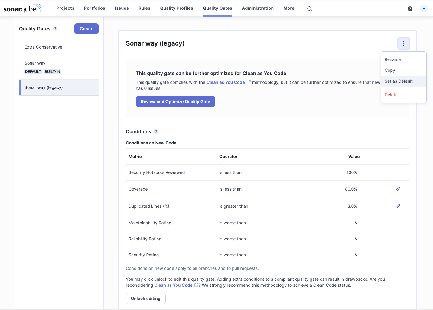 You can set the default quality gate to the built in Sonar way quality gate or the legacy Sonar way quality gate.