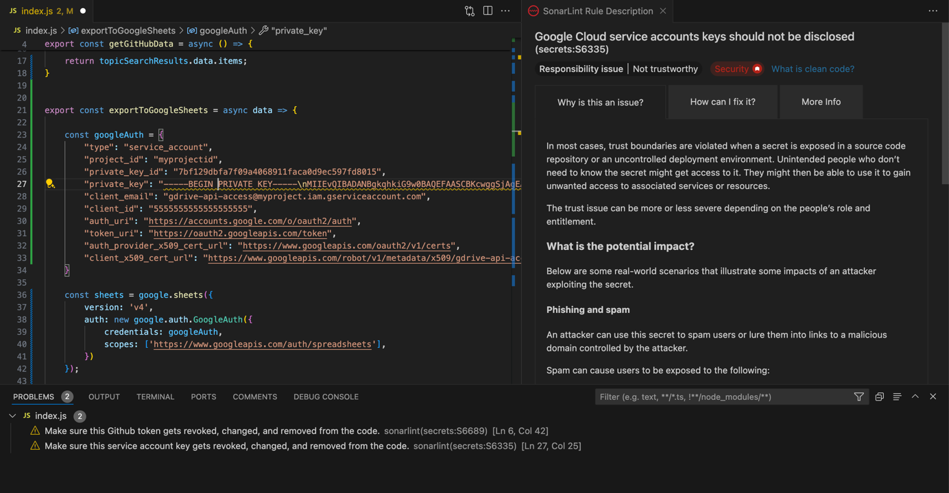 SonarLint flagging a private key inside JavaScript code