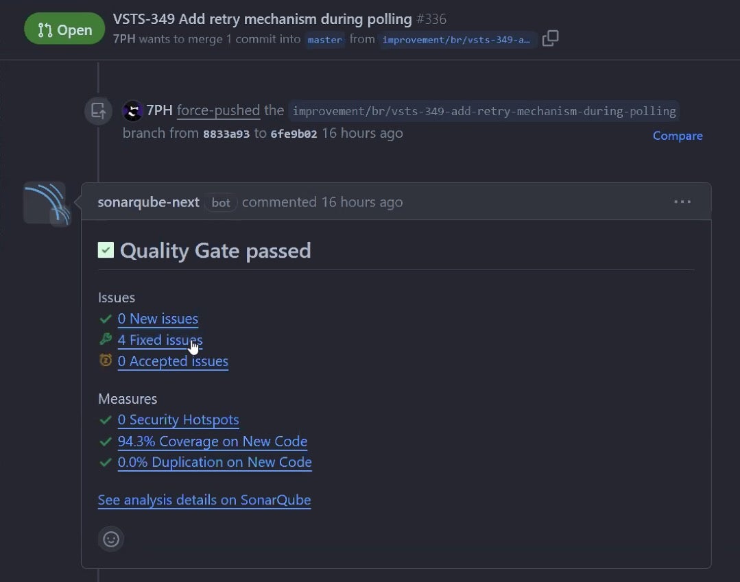 SonarQube screen shot of pull request decoration with fixed issues and accepted issues