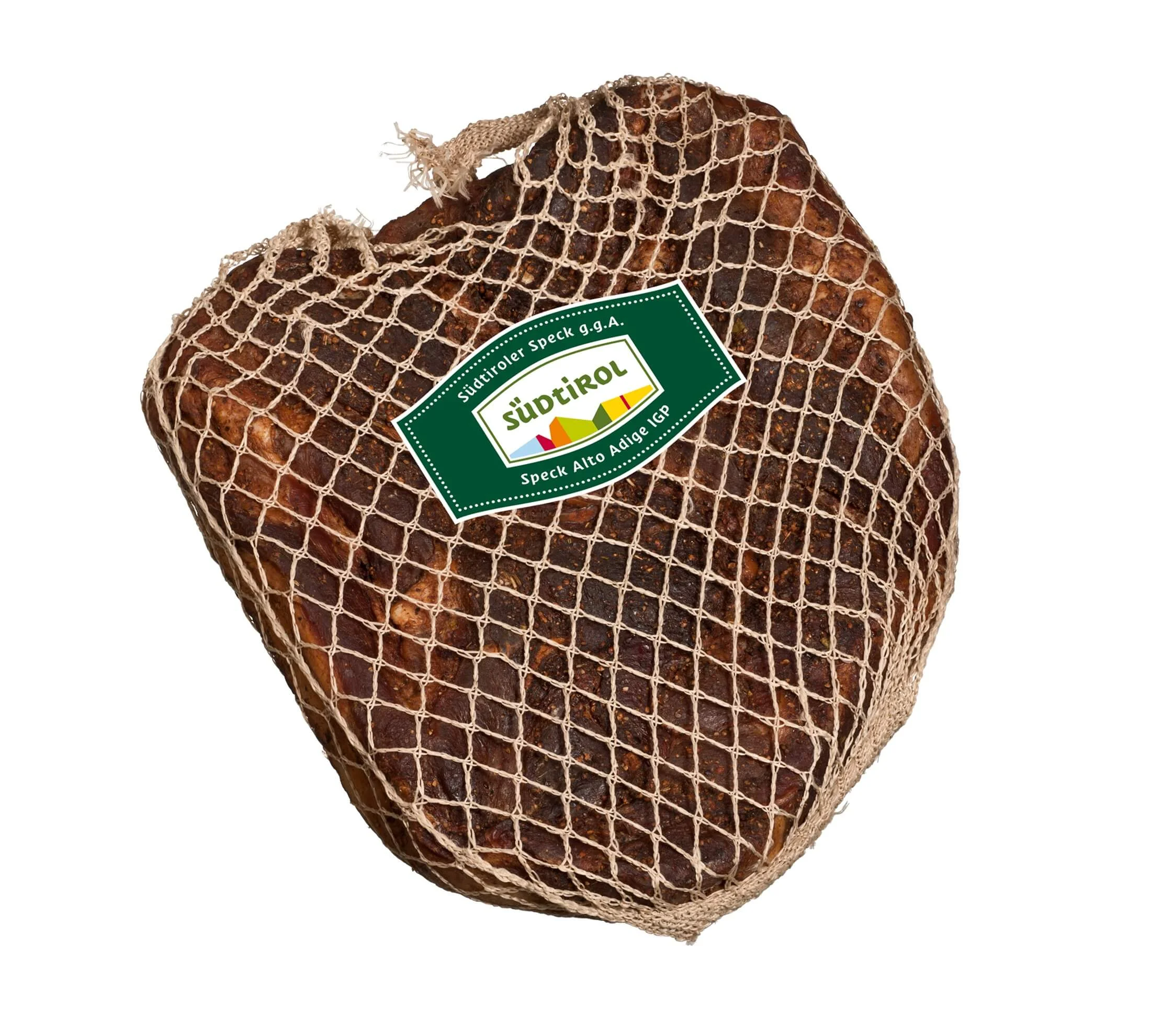 Ganze Hamme Südtiroler Speck g.g.A. im Netz mit Qualitätszeichen Südtirol.