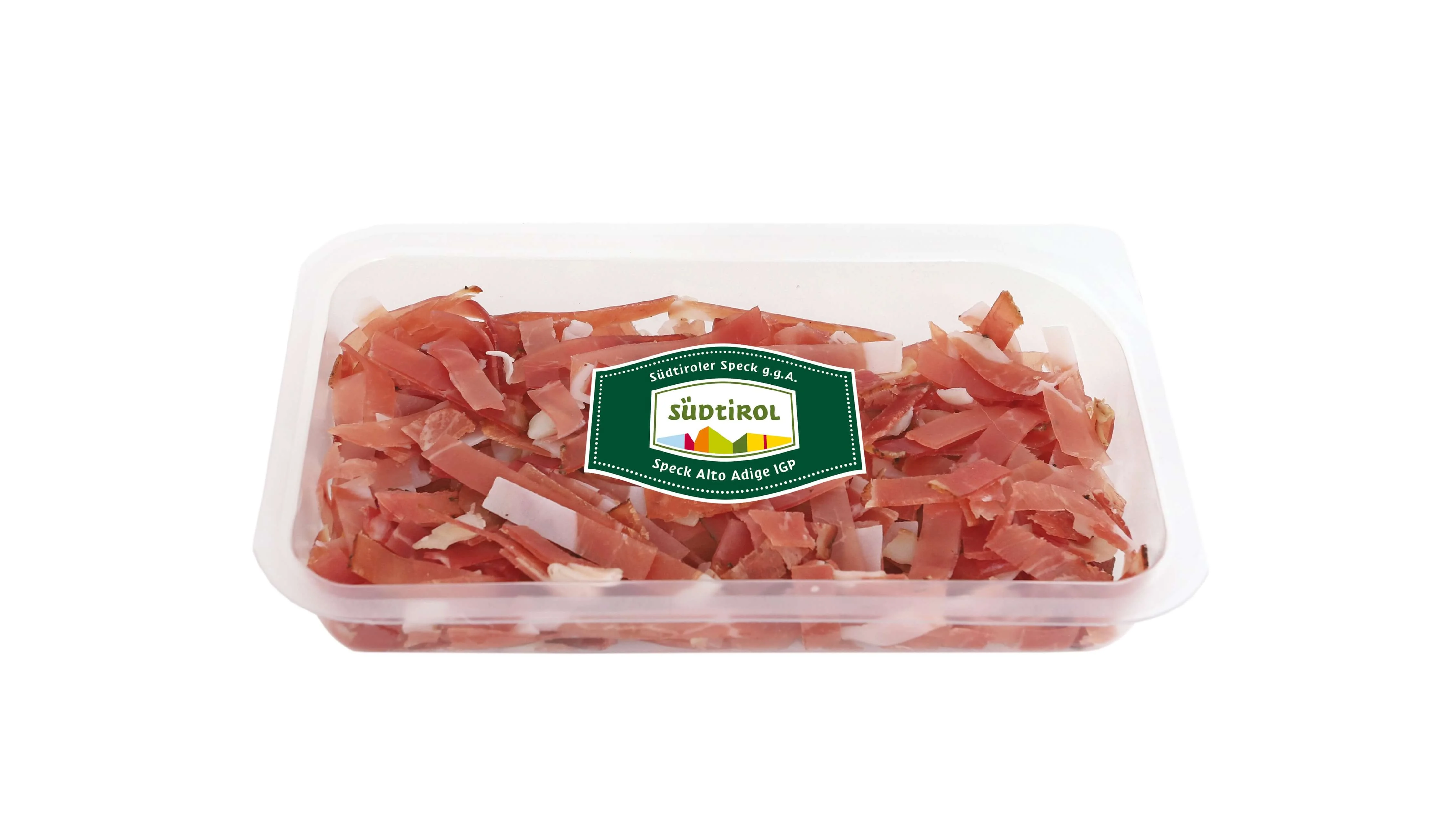 Verpackung mit Südtiroler Speck g.g.A. in Streifen mit Südtiroler Qualitätszeichen.