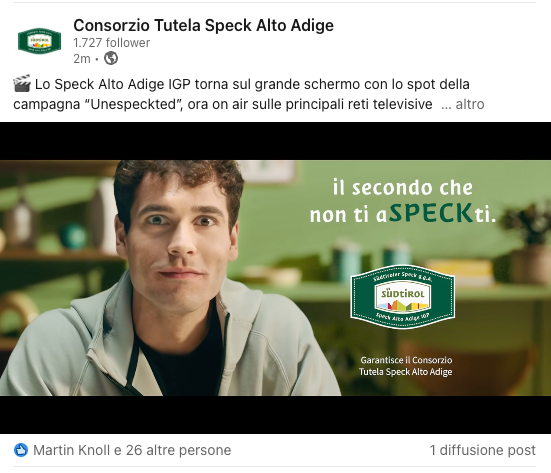 Scena di uno spot televisivo del Consorzio Tutela Speck Alto Adige