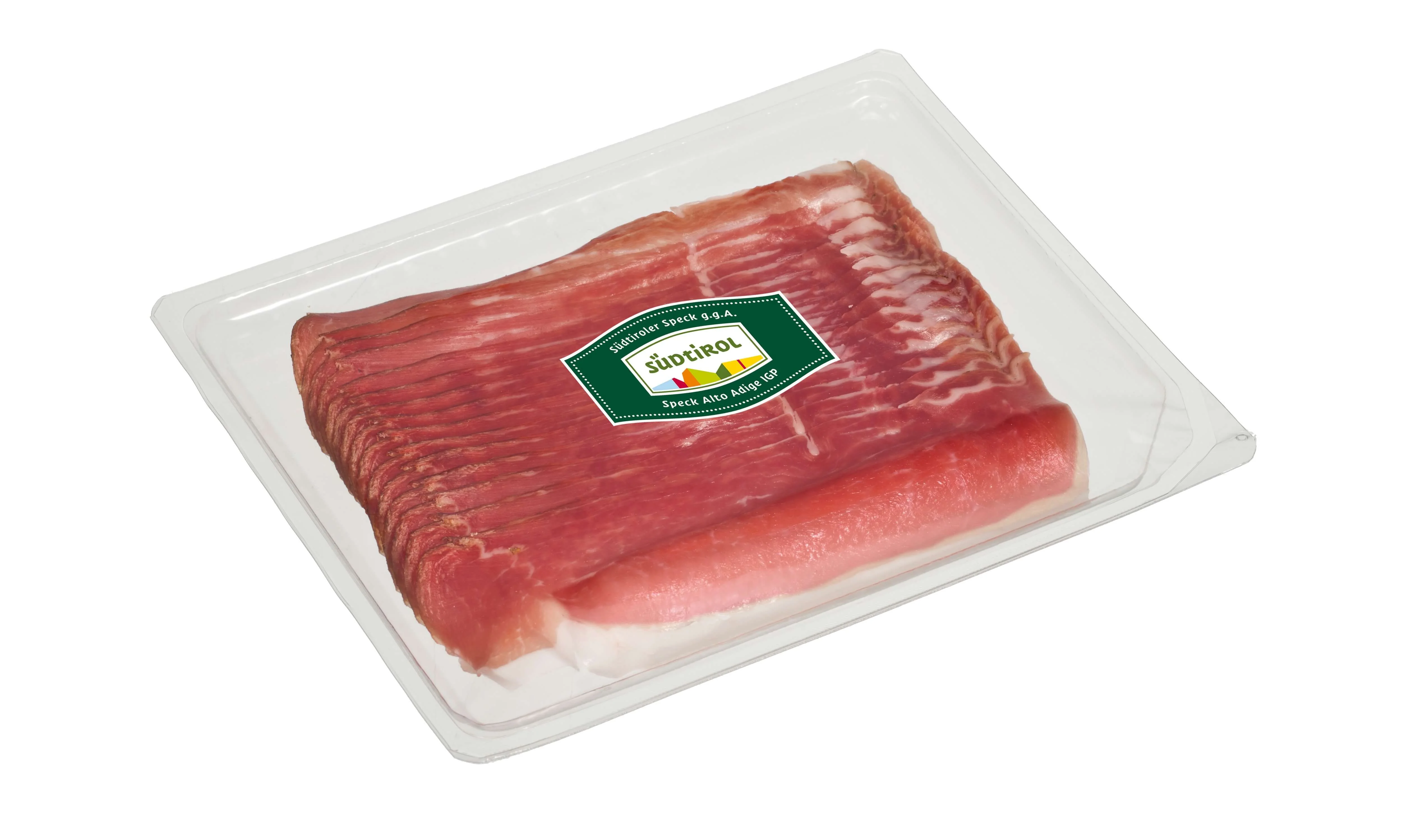 Verpackung mit Südtiroler Speck g.g.A. in Scheiben mit Südtiroler Qualitätszeichen.