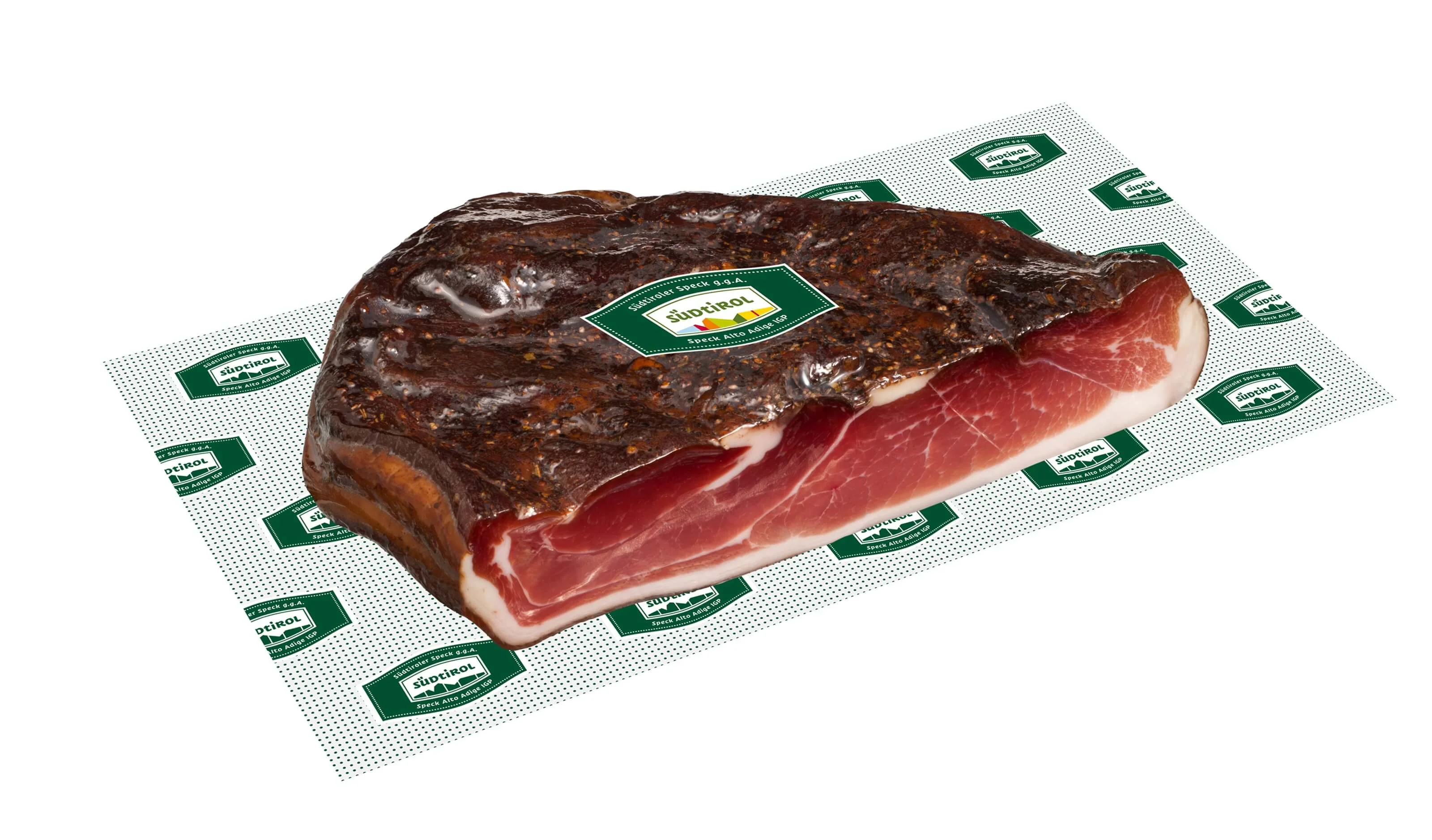 Verpackung mit Südtiroler Speck g.g.A. als halbes Stück mit Qualitätszeichen Südtirol.