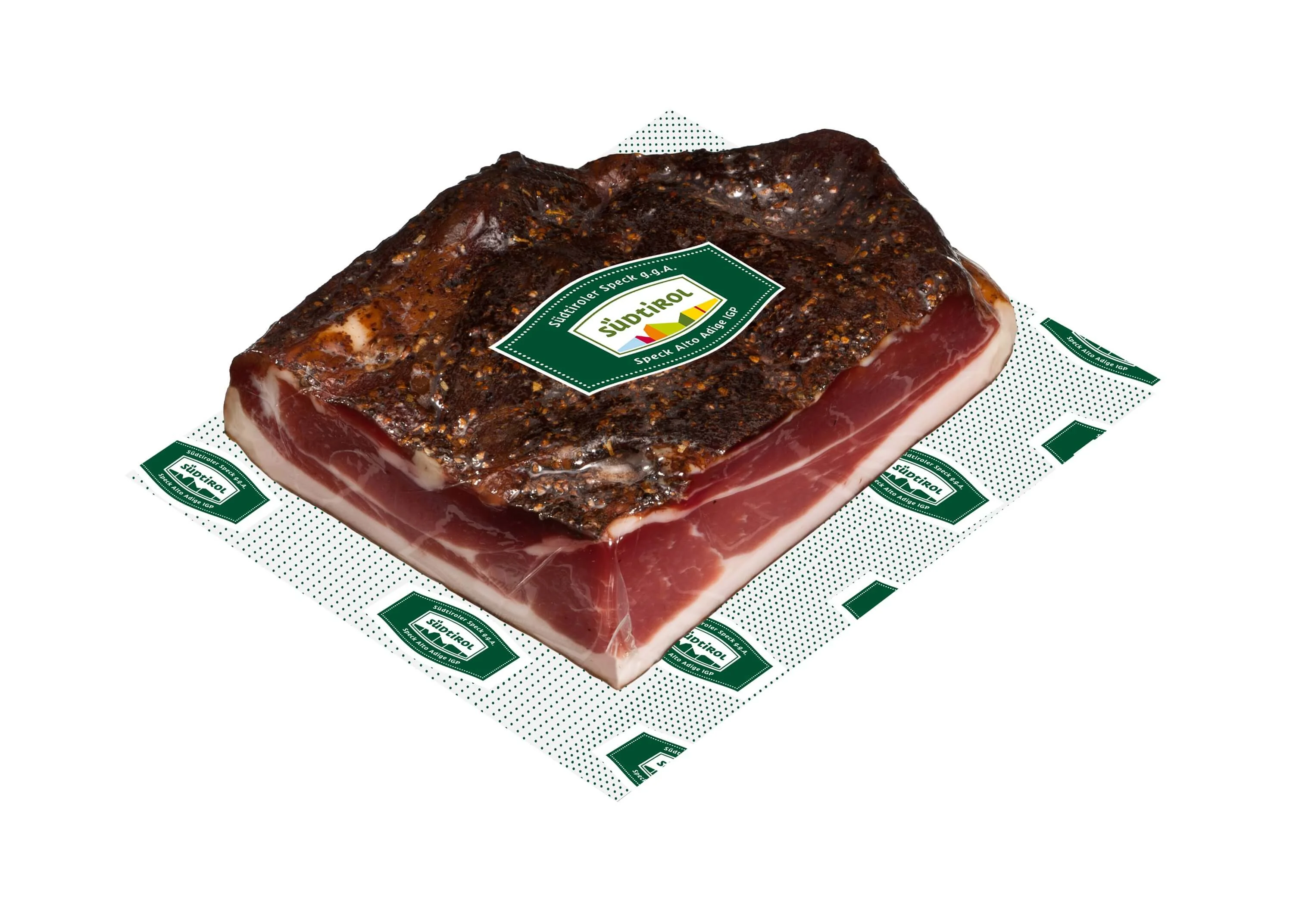 Verpackung mit Südtiroler Speck g.g.A. als Viertelstück mit Qualitätszeichen Südtirol.
