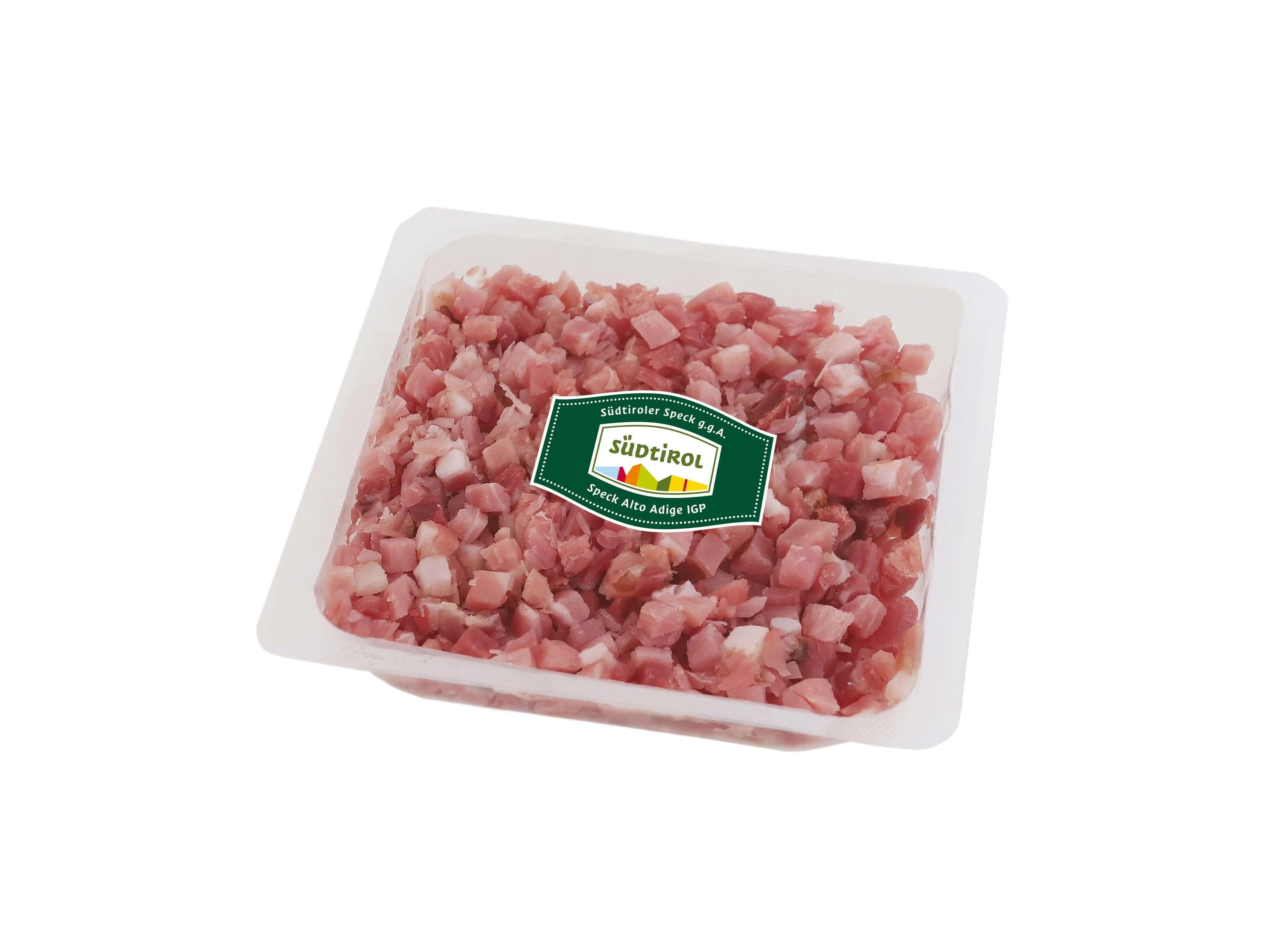 Verpackung mit Südtiroler Speck g.g.A. in Würfeln mit Südtiroler Qualitätszeichen.