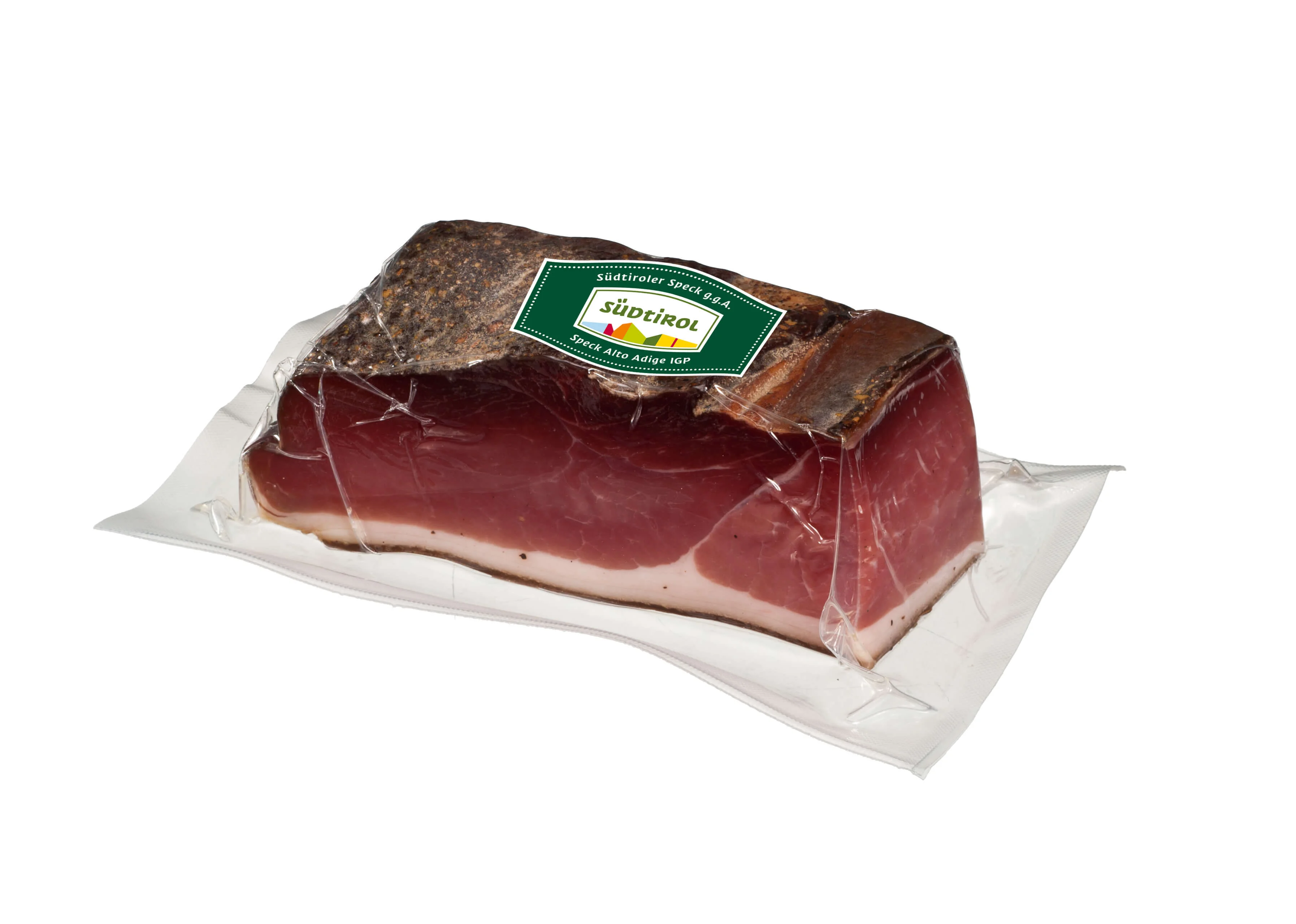 Verpackung mit Südtiroler Speck g.g.A. als Teilstück mit Südtiroler Qualitätszeichen.
