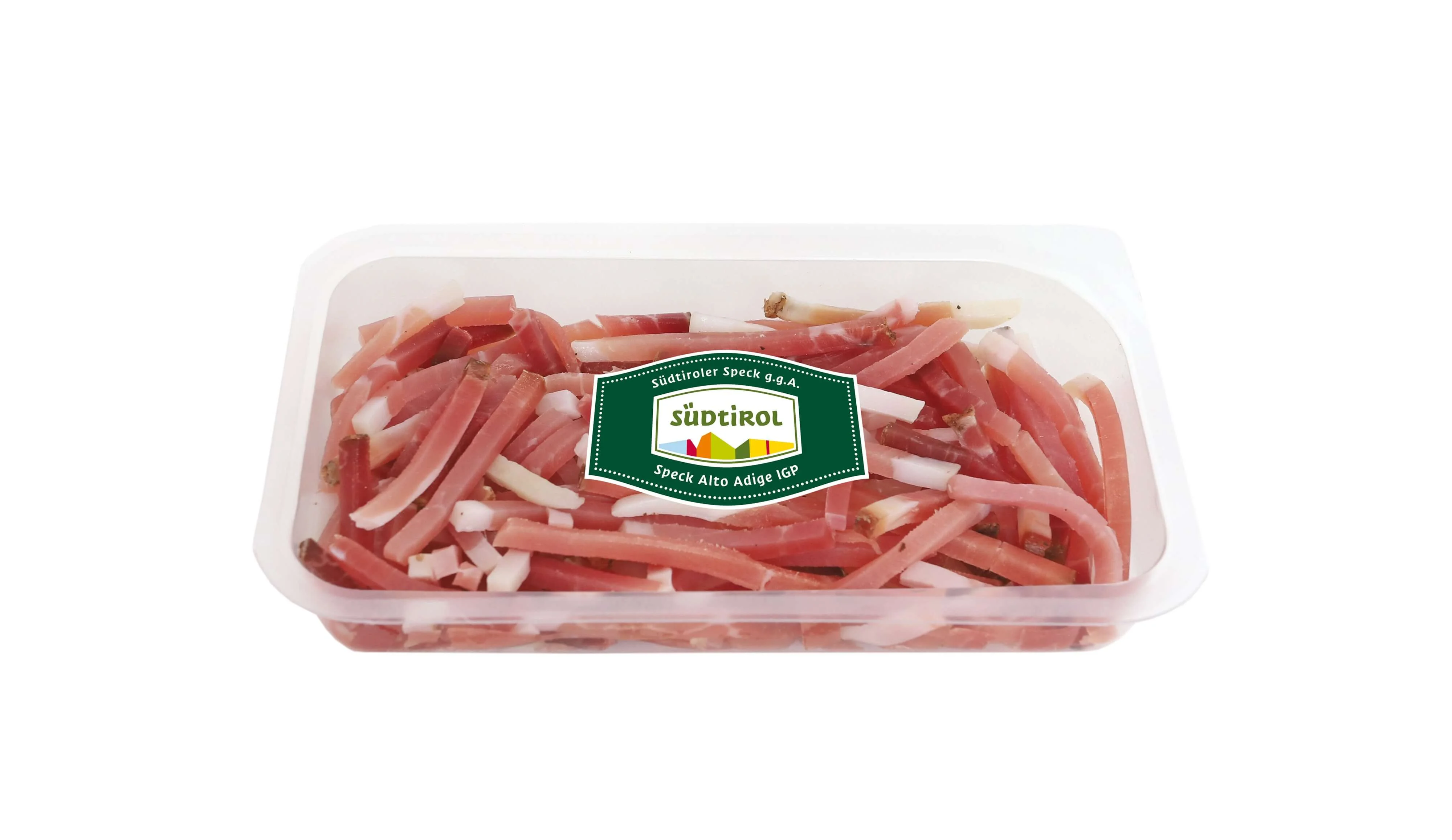 Verpackung mit Südtiroler Speck g.g.A. in Sticks mit Südtiroler Qualitätszeichen.