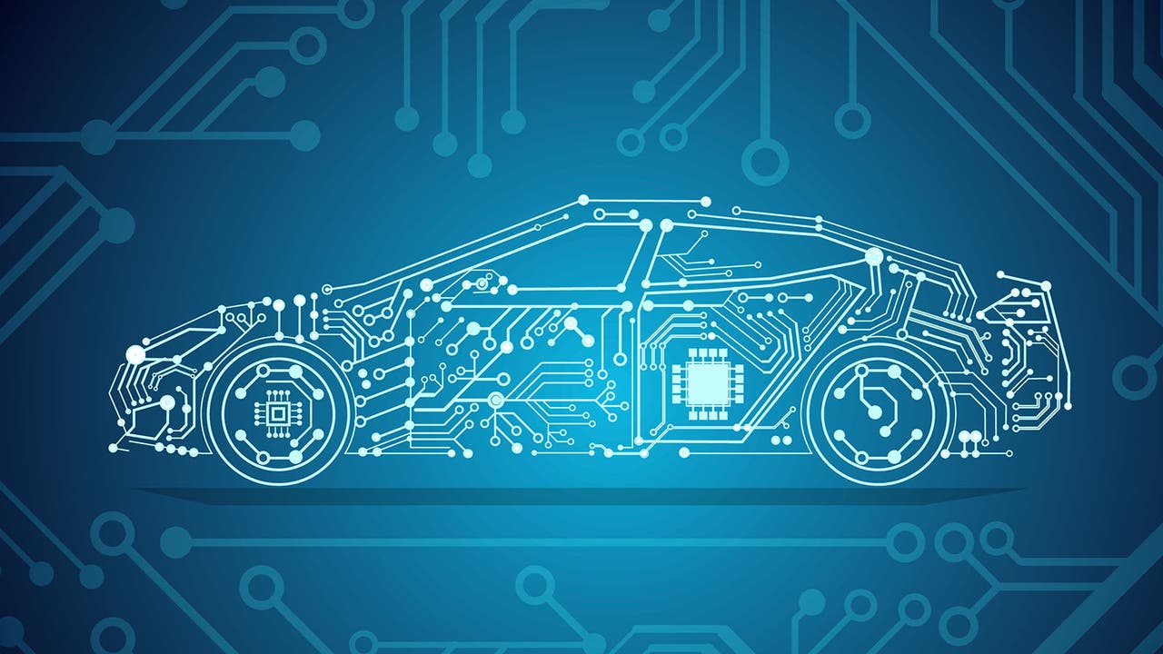 Stock image of a car's silhouette made from digital-looking lines and computer imagery – as if to suggest high-tech on-board technology