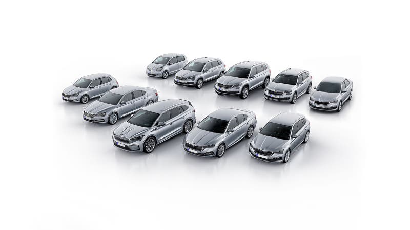 Skoda cars and SUVs parked in formation on a white background