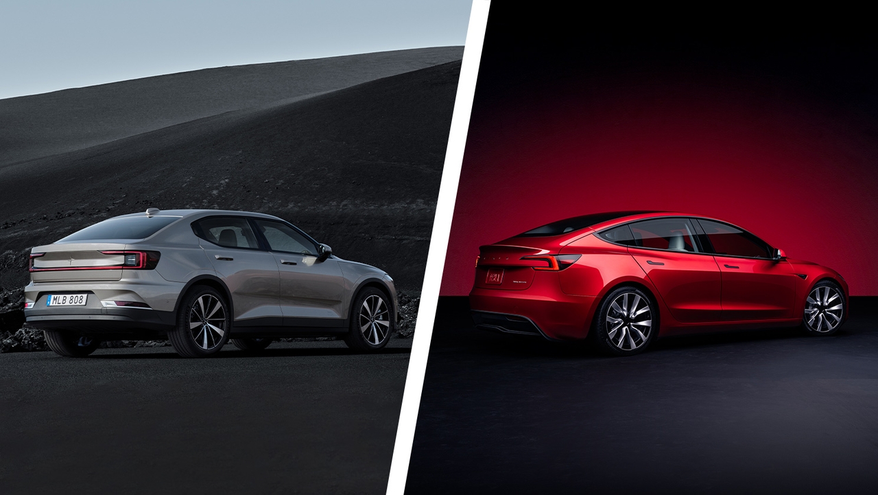 Polestar 2 vs Tesla Model 3 rear three quarter