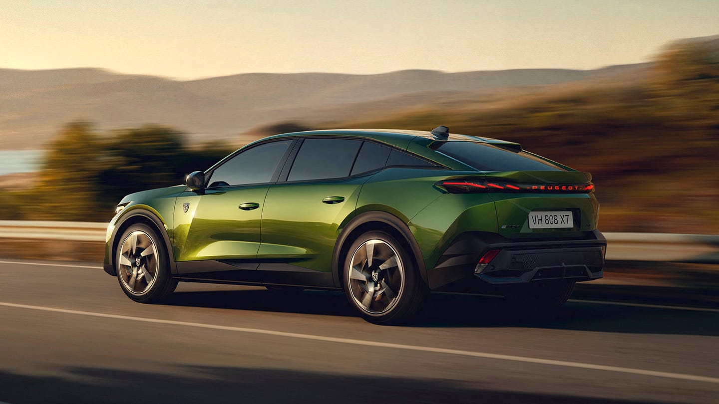Review – Peugeot E-408 – rear three quarter