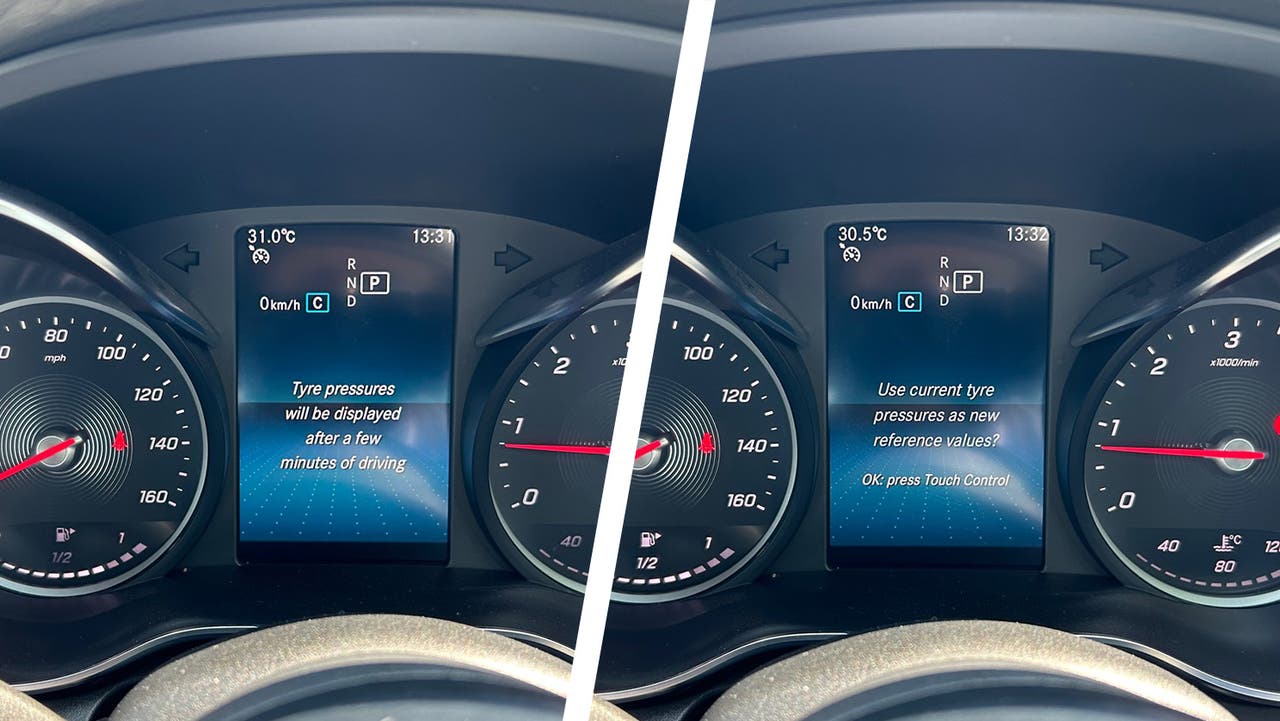 Mercedes C-Class, how to reset tyre pressures. Left image shows tyre pressure, right shows reset screen.