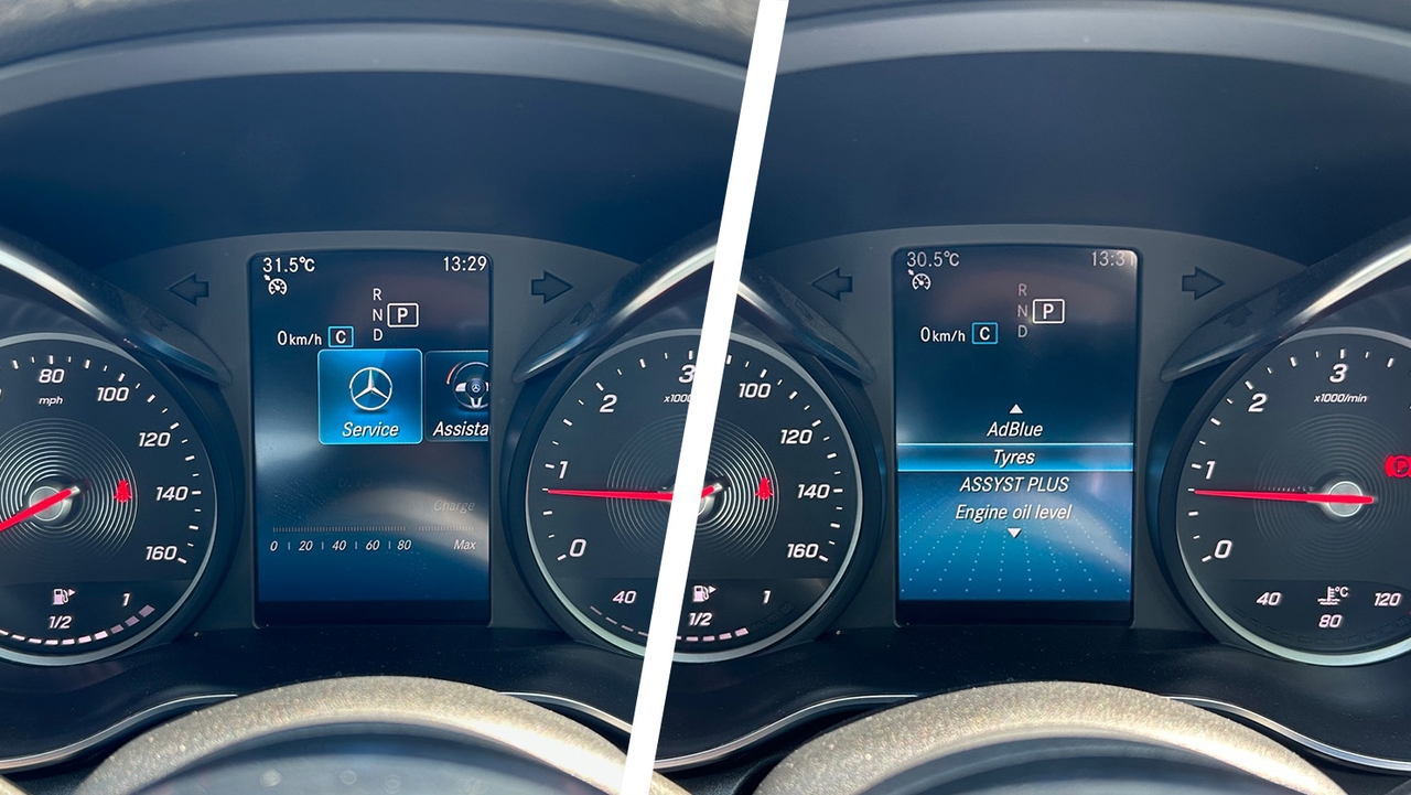 Mercedes C-Class, how to reset tyre pressures. Left image shows service screen, right shows tyres selection.