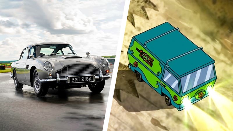Valuing famous cars lead image – Aston Martin DB5 next to the Mystery Machine
