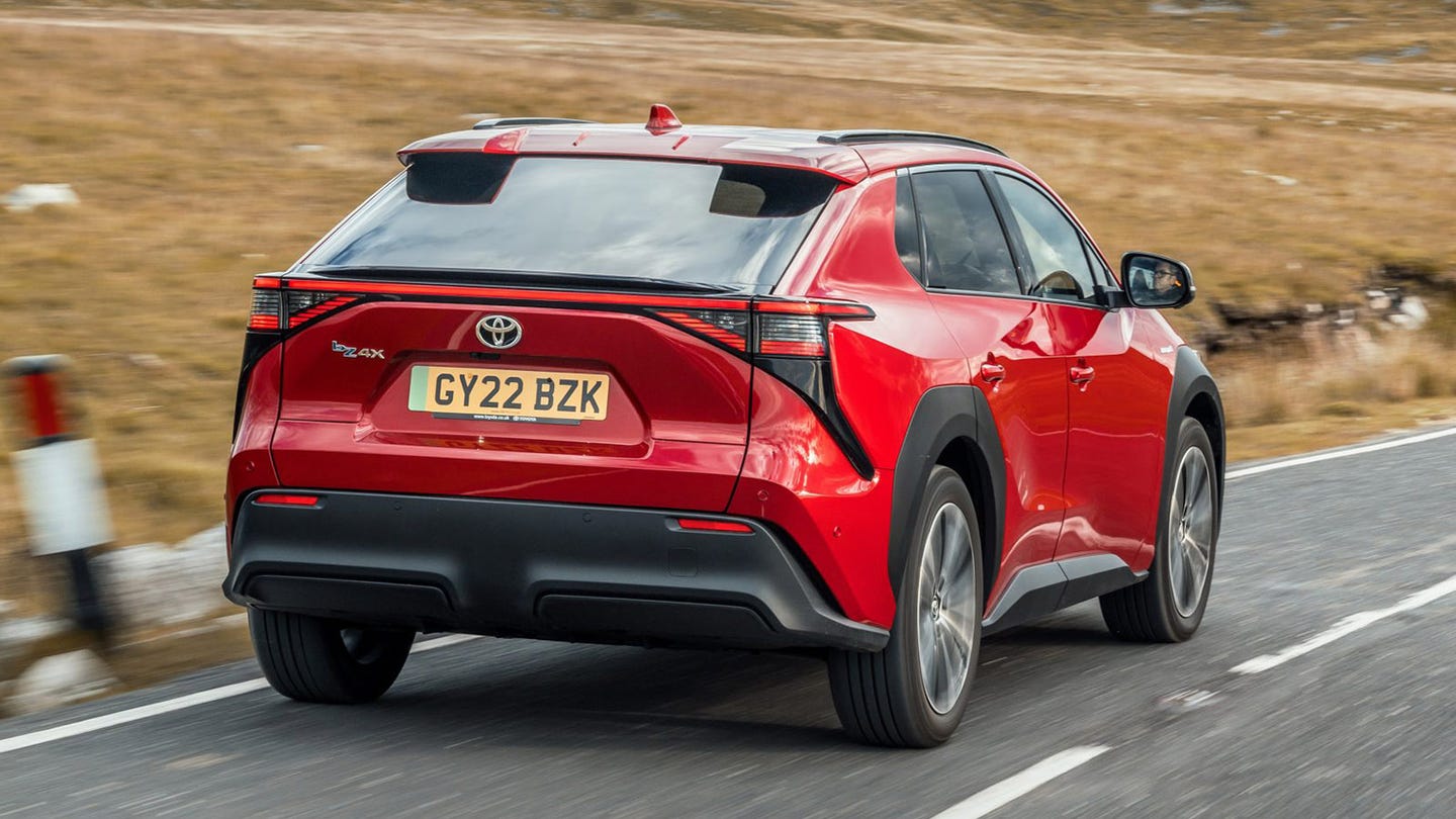 Toyota bZ4X review rear three quarters