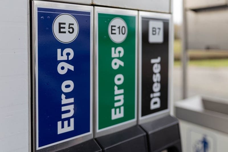 Close up of a fuel pump, showing E5 petrol, E10 petrol and B7 diesel