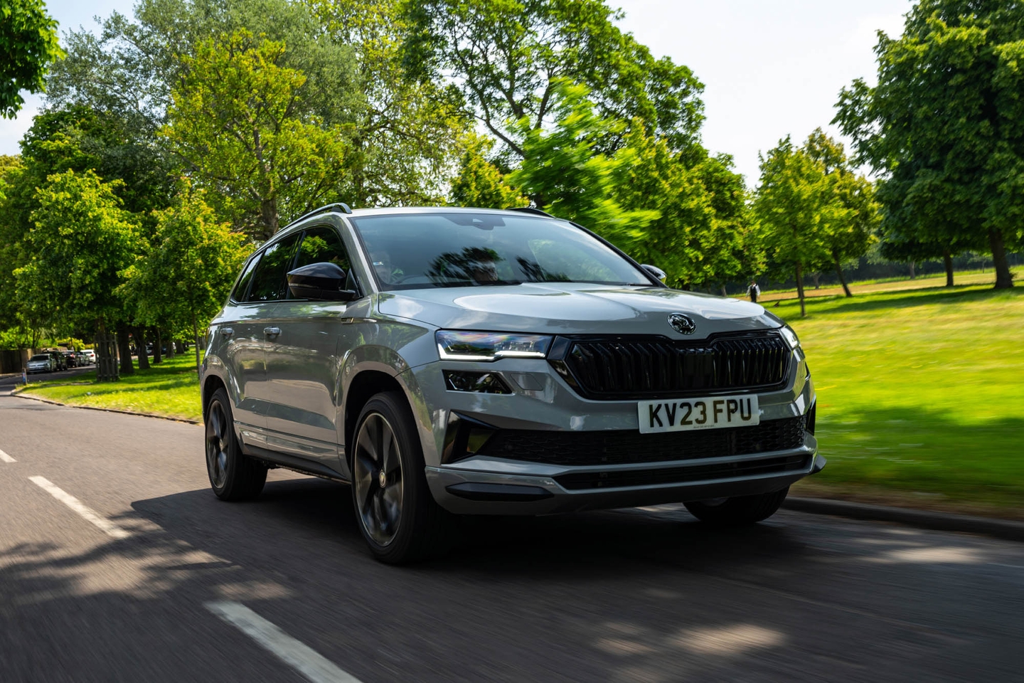 Grey Skoda Karoq driving