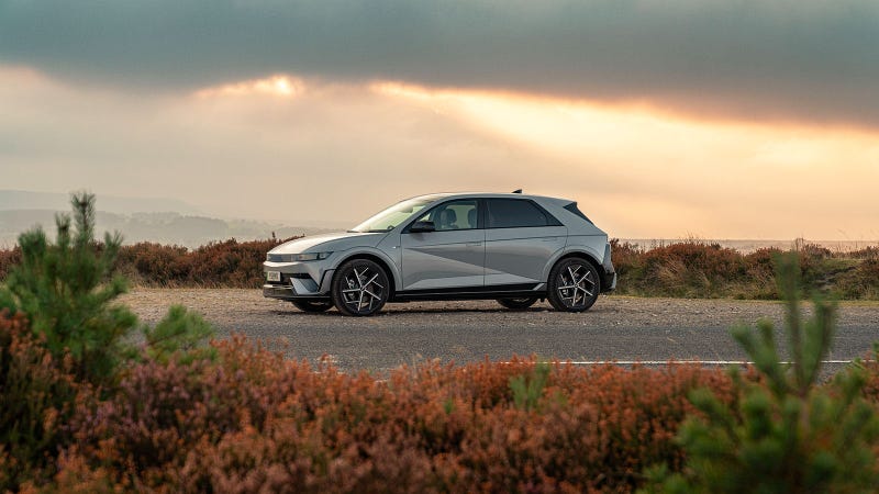 Hyundai Ioniq 5 N-Line in grey, static in desert with sunset