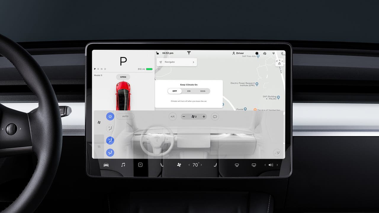 Tesla Model 3 screen showing climate controls