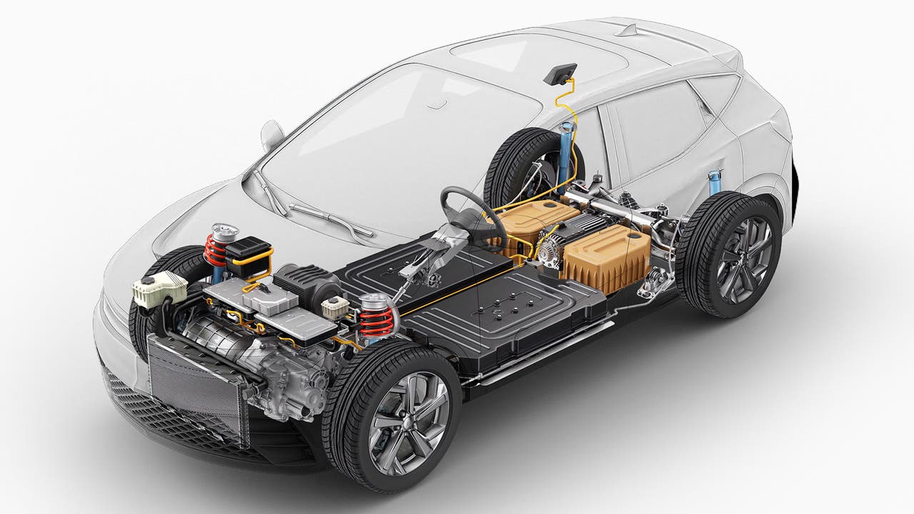 See-through electric car showing internal components