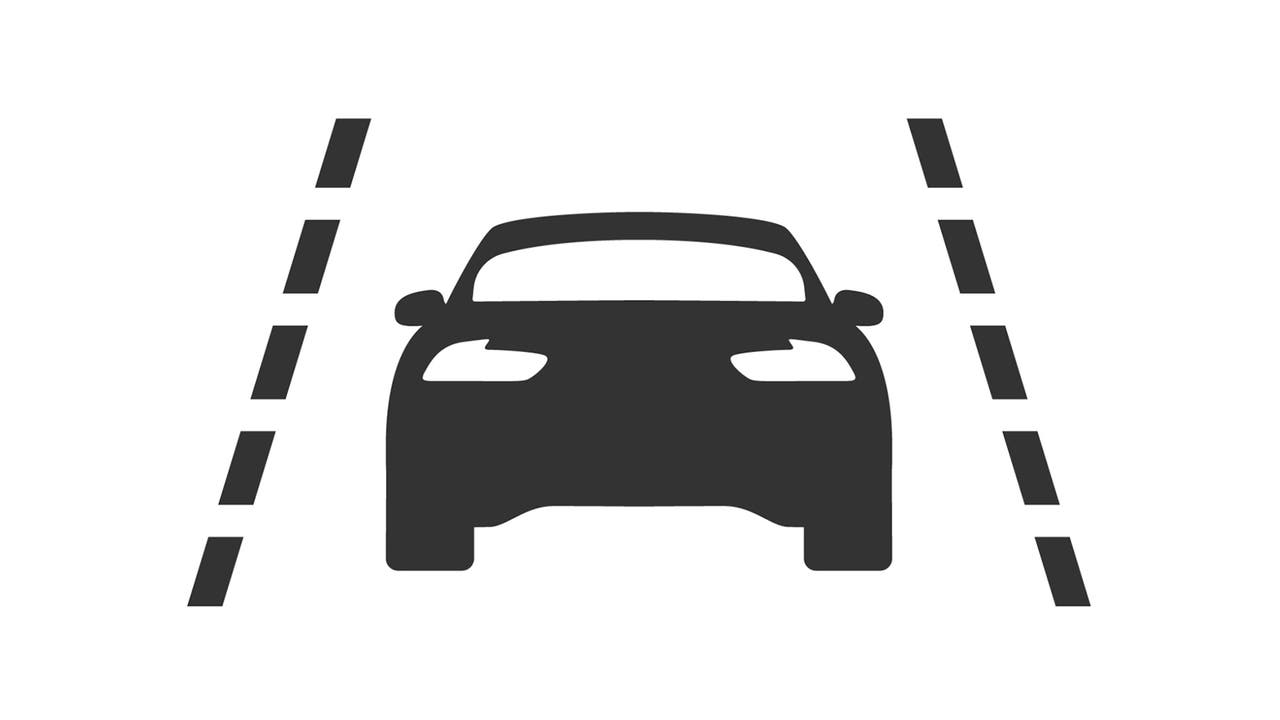 Lane-keep assist icon – shows a car outline between two converging lane lines