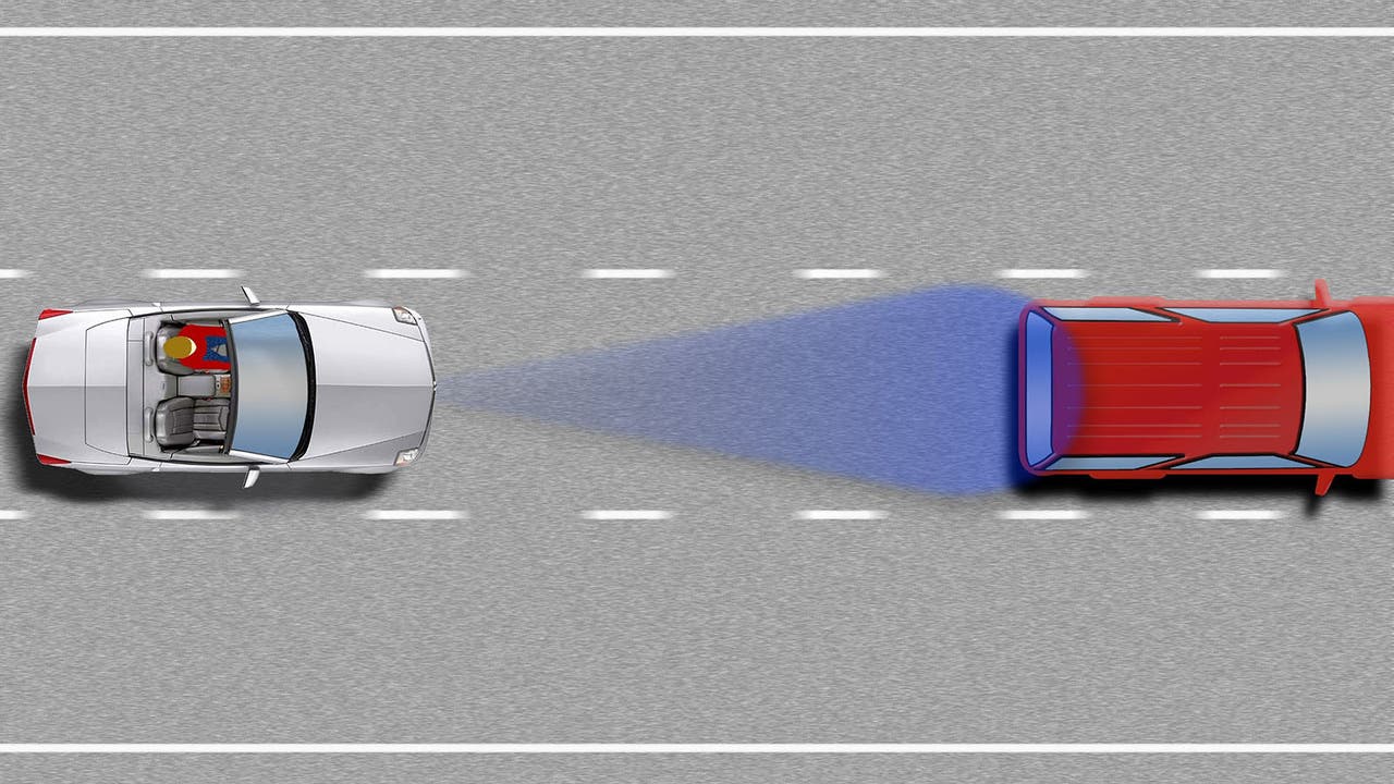 Graphic showing a car sensing another car in front of it