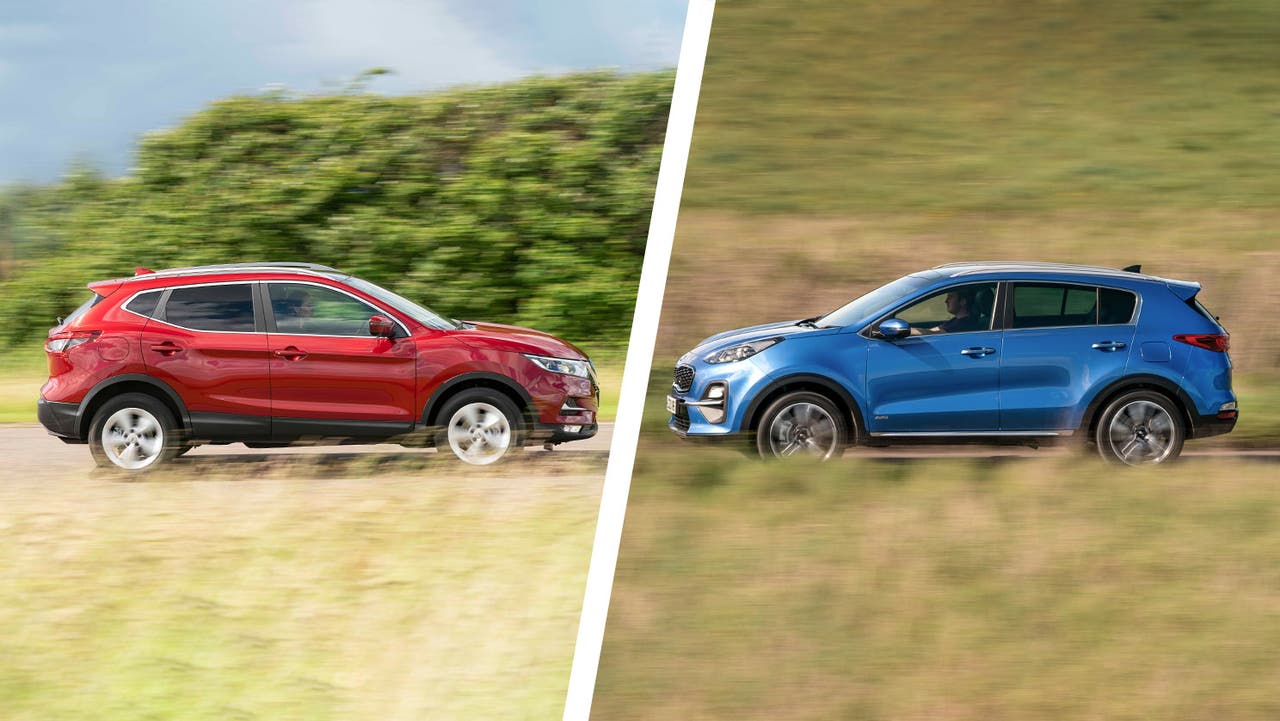 Used Nissan Qashqai vs used Kia Sportage side driving shot