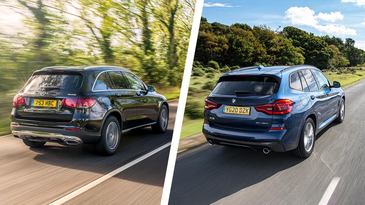 Mercedes GLC vs BMW X3 rear three quarters