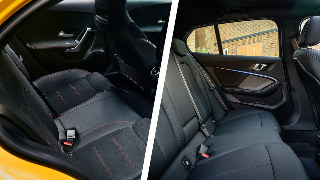 Mercedes A-Class (yellow) vs BMW 1 Series (blue) comparison image back seats