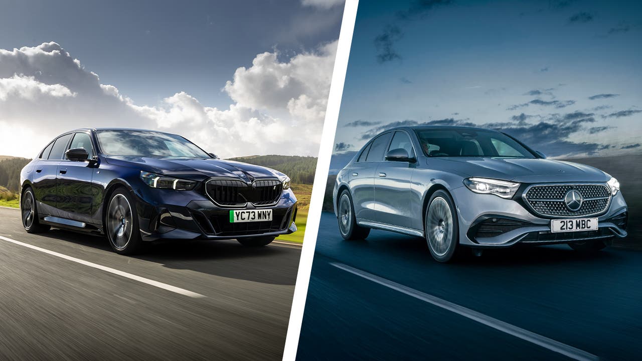 BMW 5 Series and Mercedes E-Class front three quarter