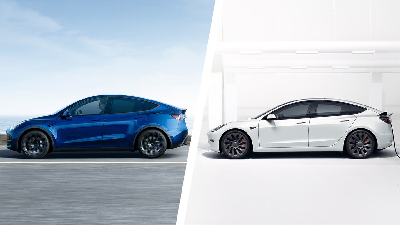 Tesla Model Y vs Tesla Model 3 side shot, Model Y in blue, Model 3 in white