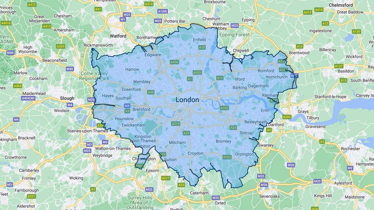 London ULEZ area shown on a map, shaded in blue