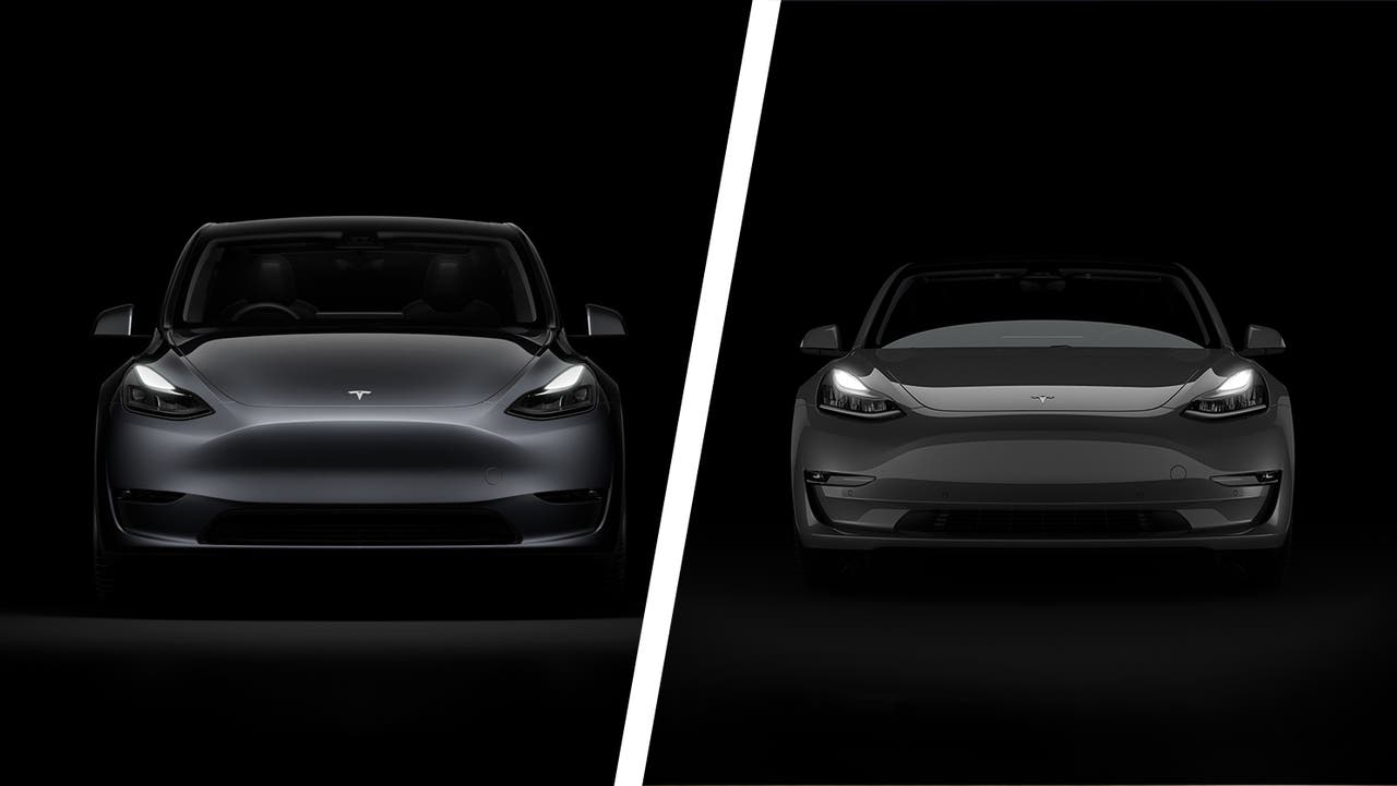 Tesla Model Y vs Tesla Model 3 front end shot, both cars grey