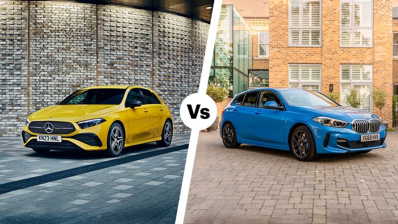 Mercedes A-Class (yellow) vs BMW 1 Series (blue) comparison image front three quarter