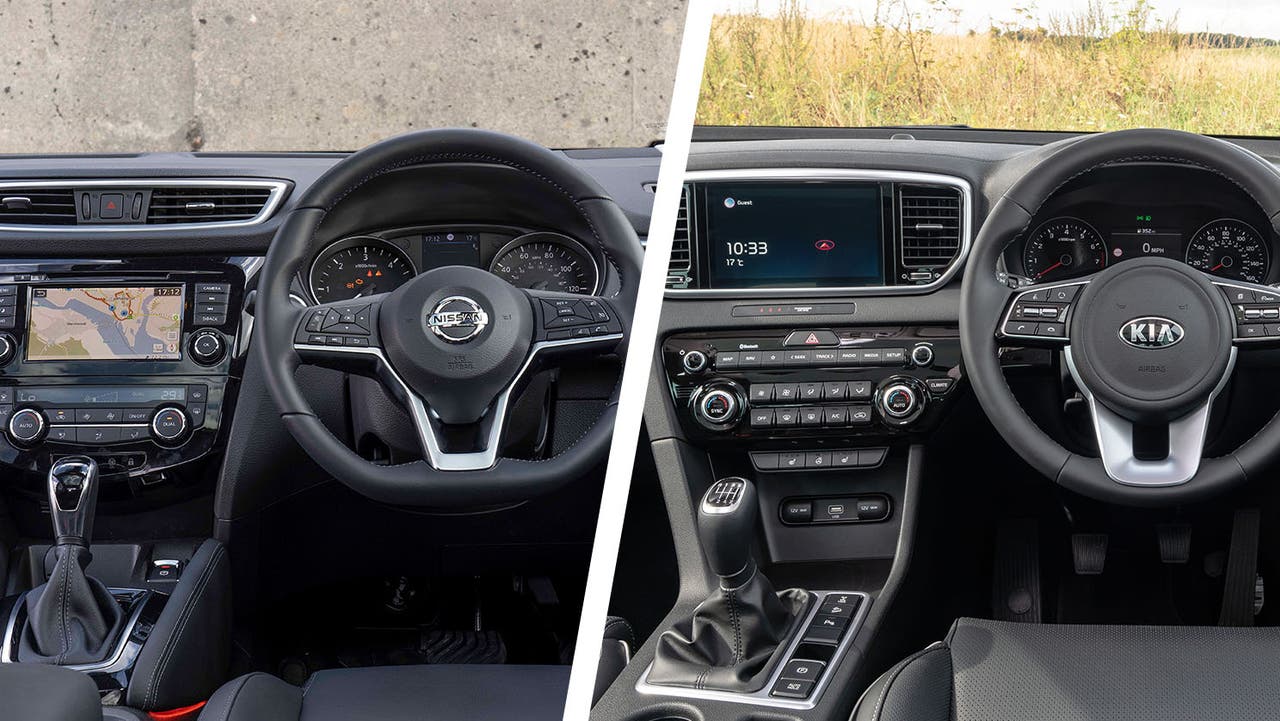 Used Nissan Qashqai vs used Kia Sportage dashboard interior shot