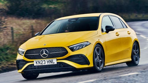 Mercedes A-Class in yellow front three quarter driving