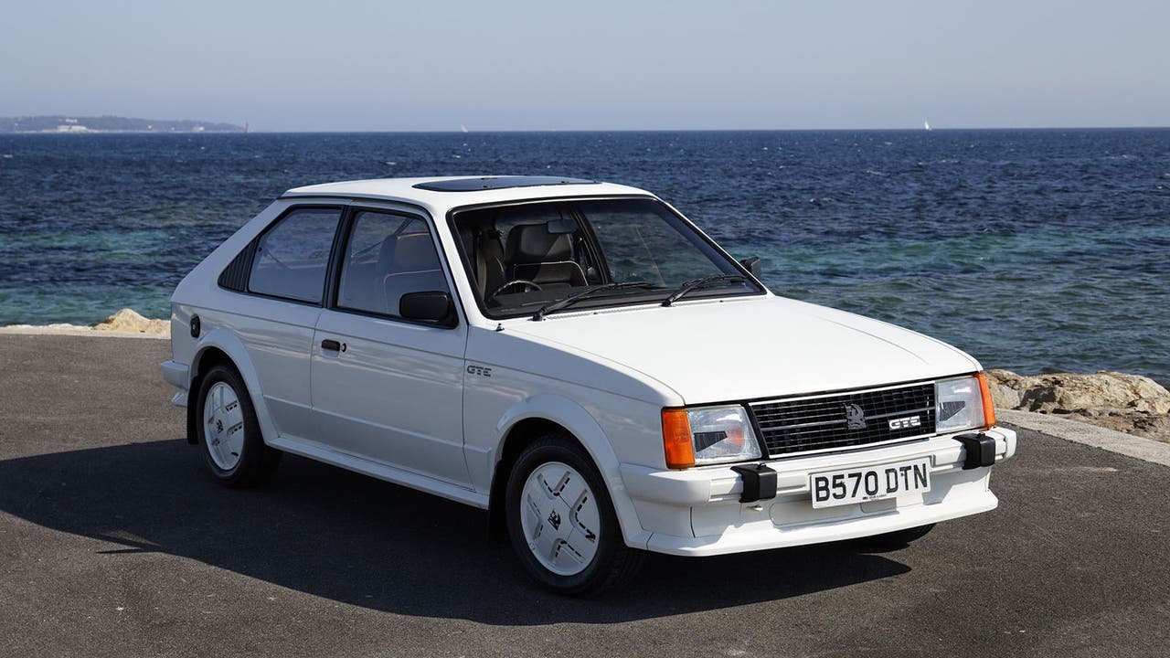 A 1984 Vauxhall Astra GTE in white
