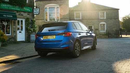 Skoda Fabia parked outside tearoom – rear