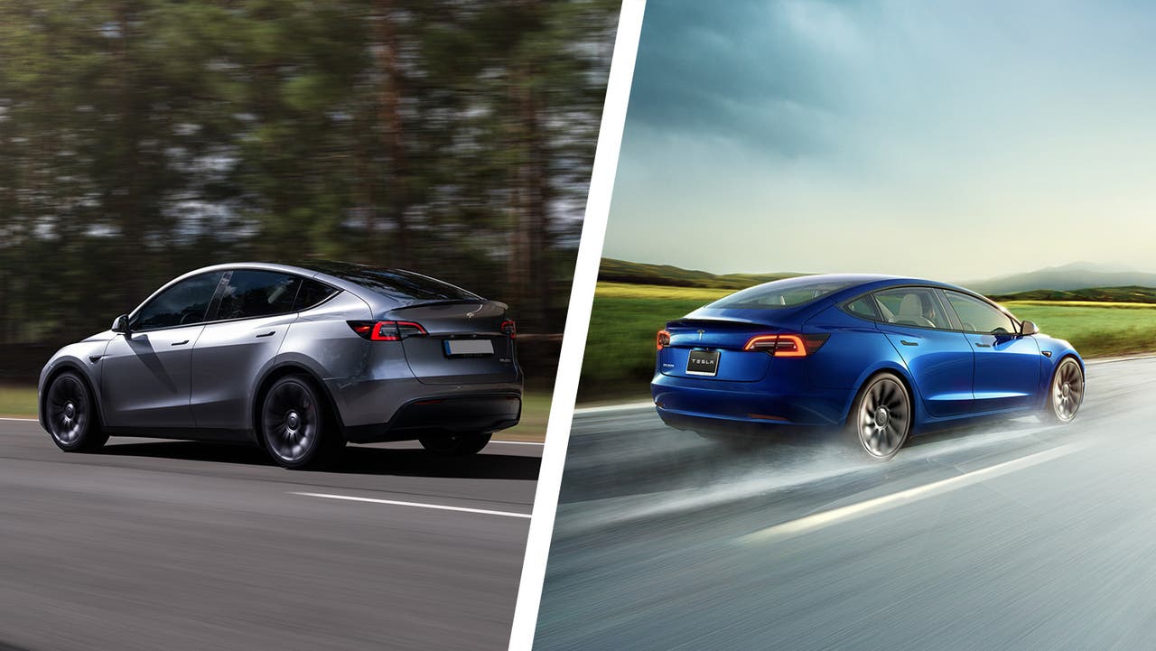 Tesla Model Y vs Tesla Model 3 rear three quarter shot, Model Y in grey, Model 3 in blue