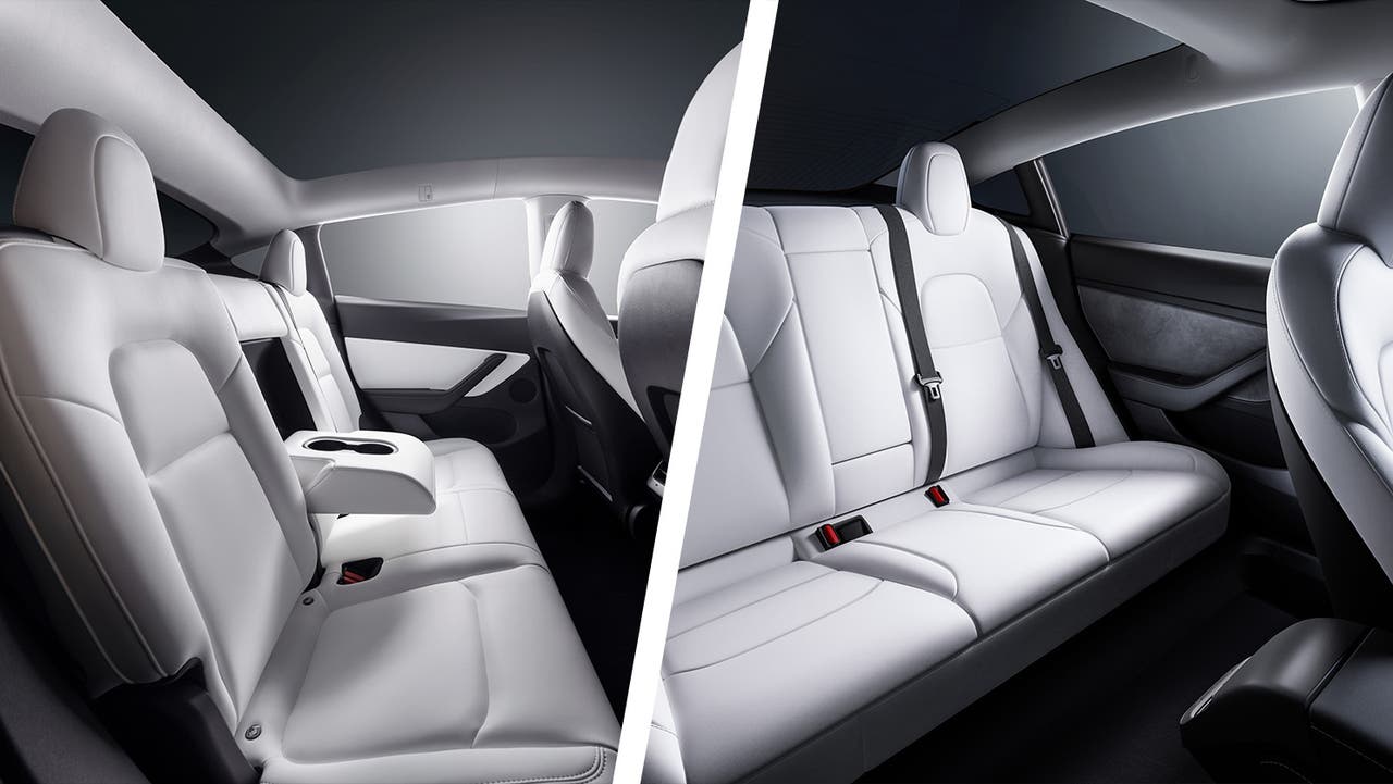 Tesla Model Y vs Tesla Model 3 rear seat shot, white leather