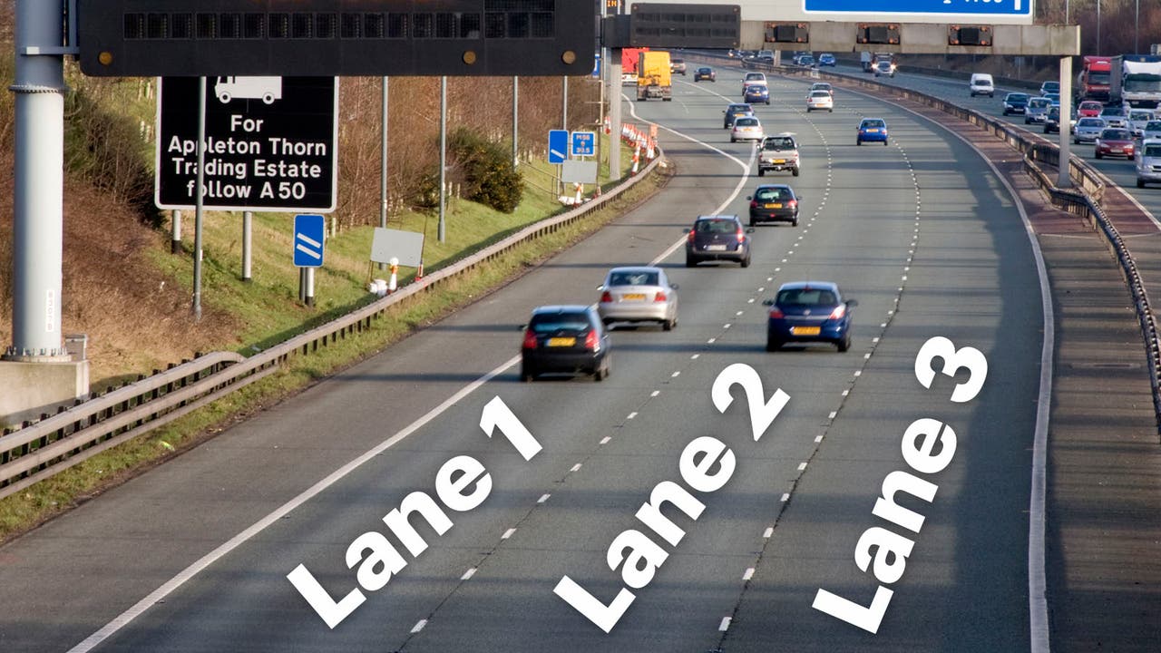 Shot of UK motorway with overlaid text highlighting lane 1, lane 2 and lane 3 from left to right