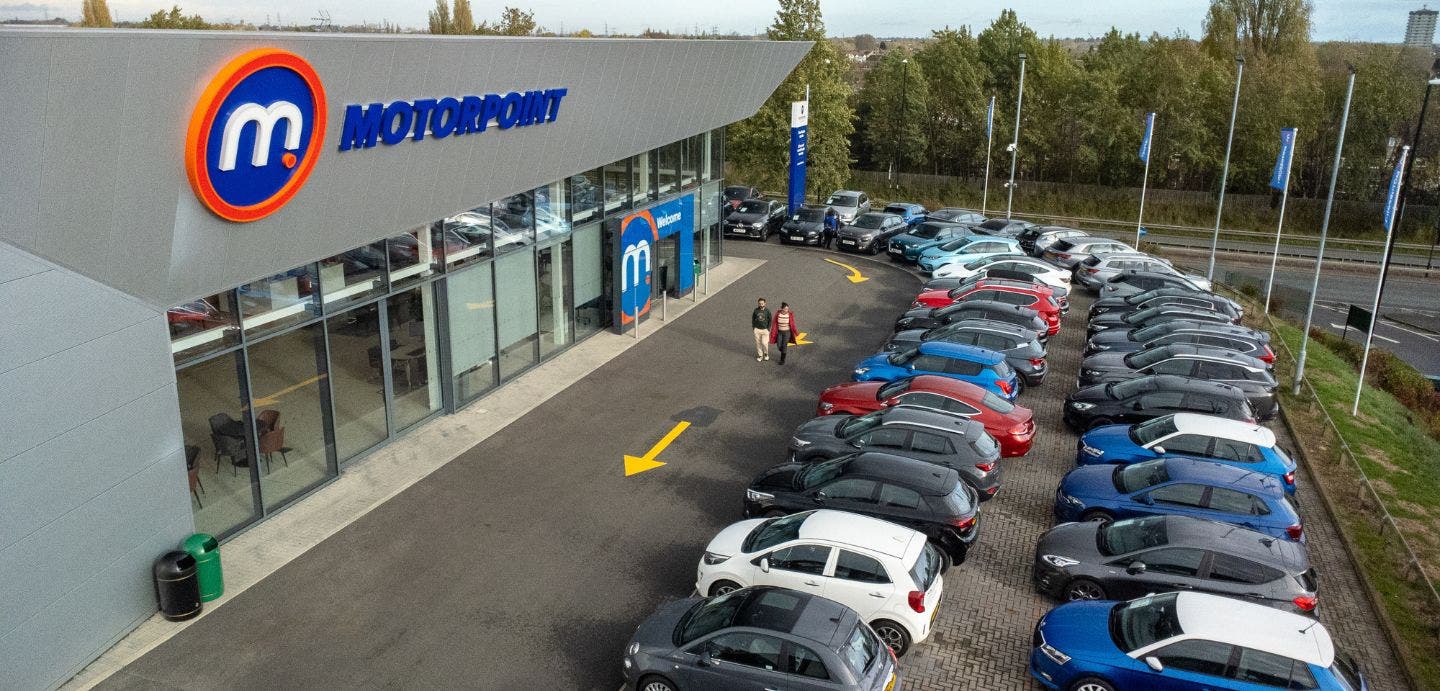 aerial shot of motorpoint store with a range of vehicles