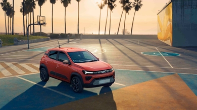 Dacia Spring parked on basketball court