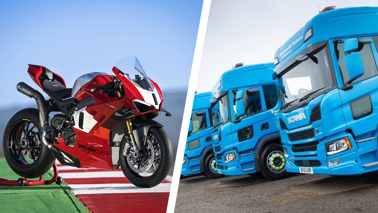 Ducati Panigale superbike vs Scania trucks