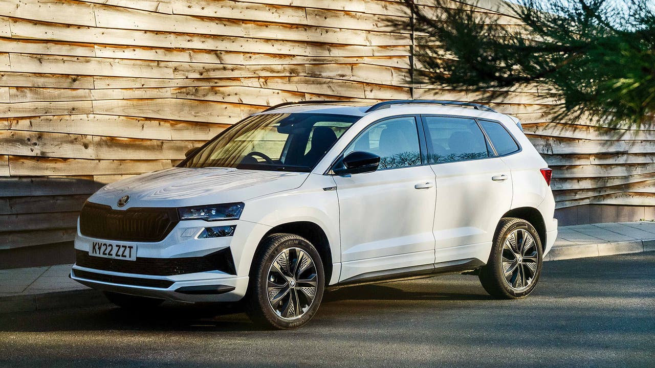 White Skoda Karoq parked in dappled shade with a pine tree in the foreground